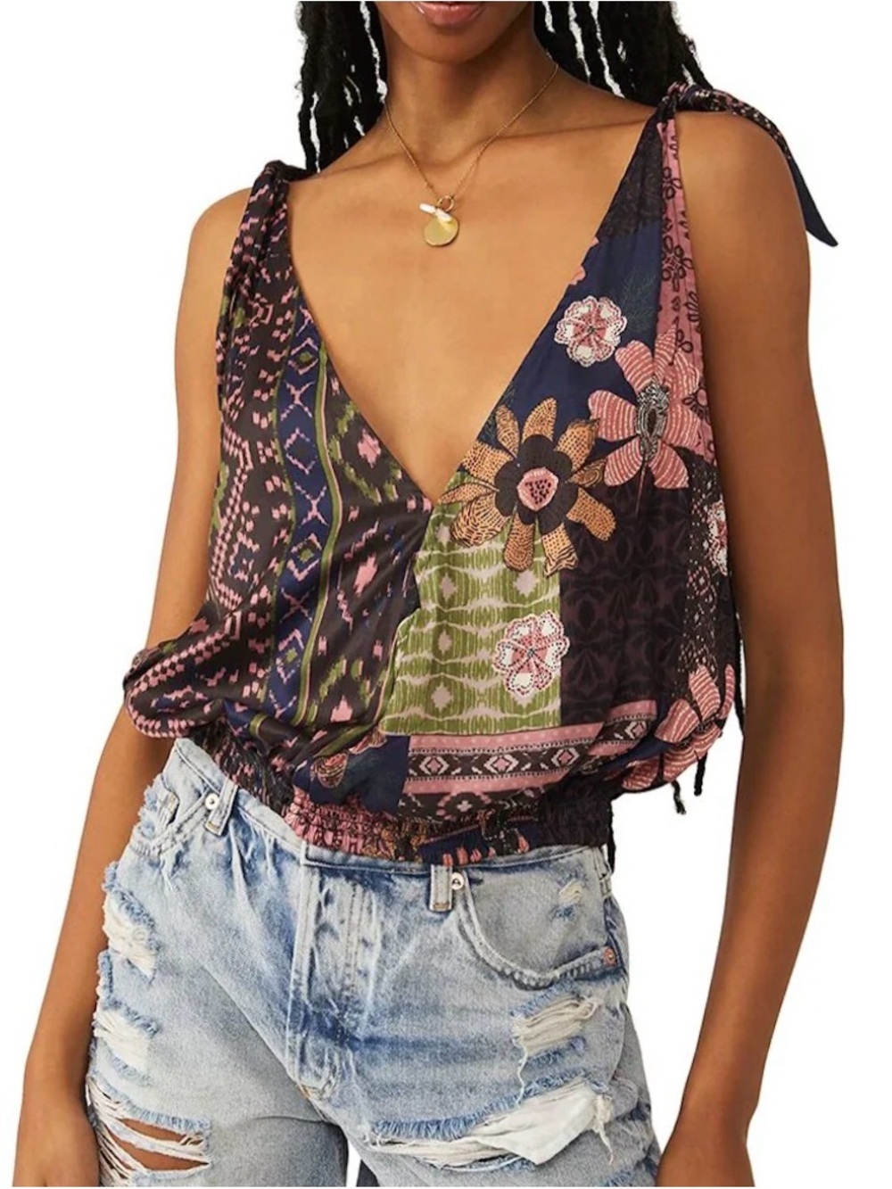 NWOT Free People "Tied To You" Mixed Print Halter Crop Top